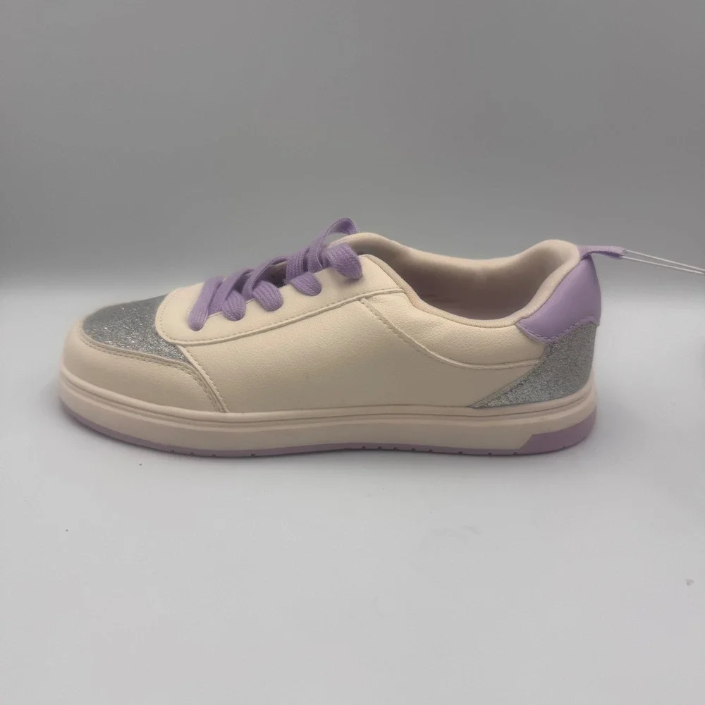 Old Navy Court Sneakers Cream Silver Glitter Purple Laces Low Top Shoes Size 5